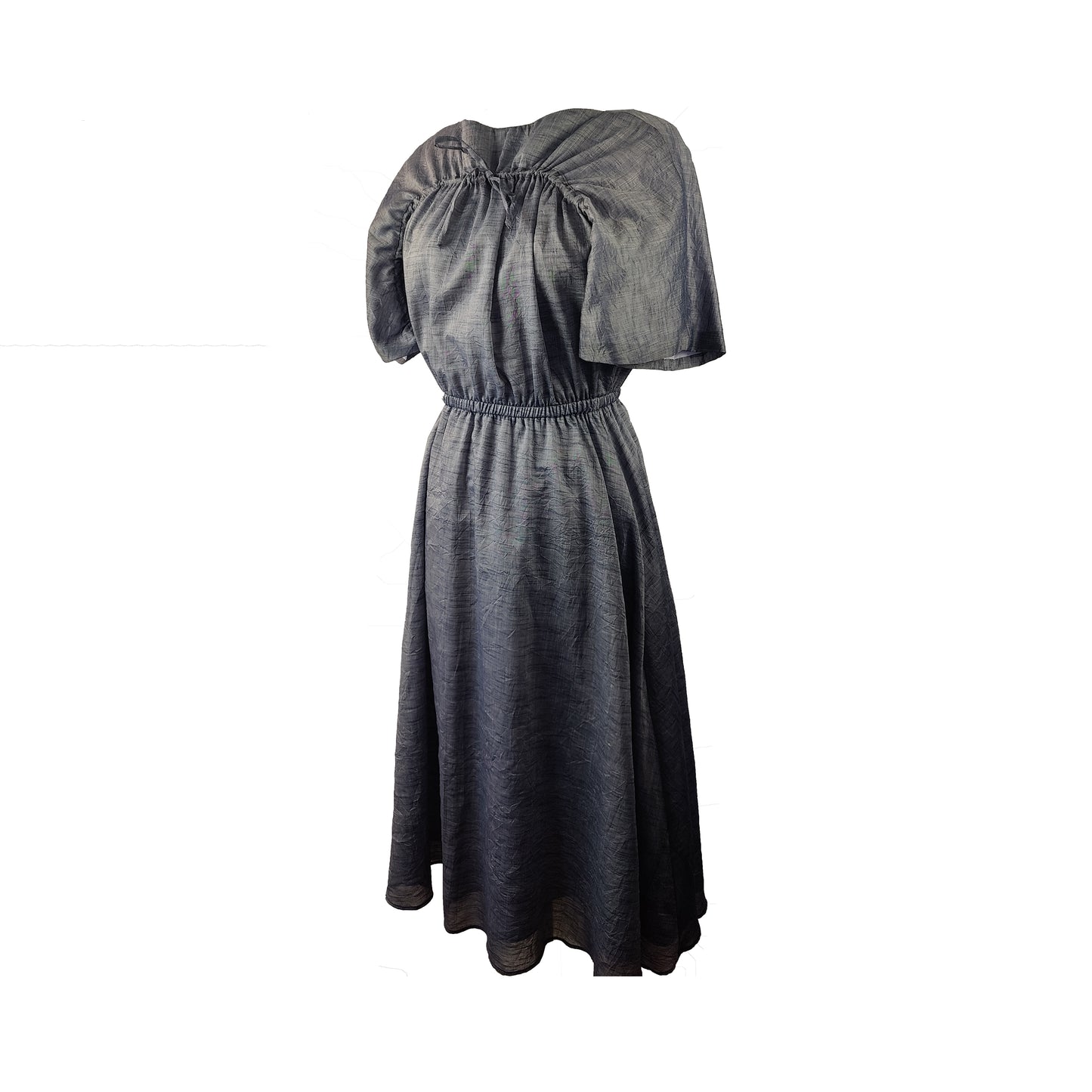 Side of midi dress with drawstring detail, adjustable sleeves, and gathered waist in denim blue