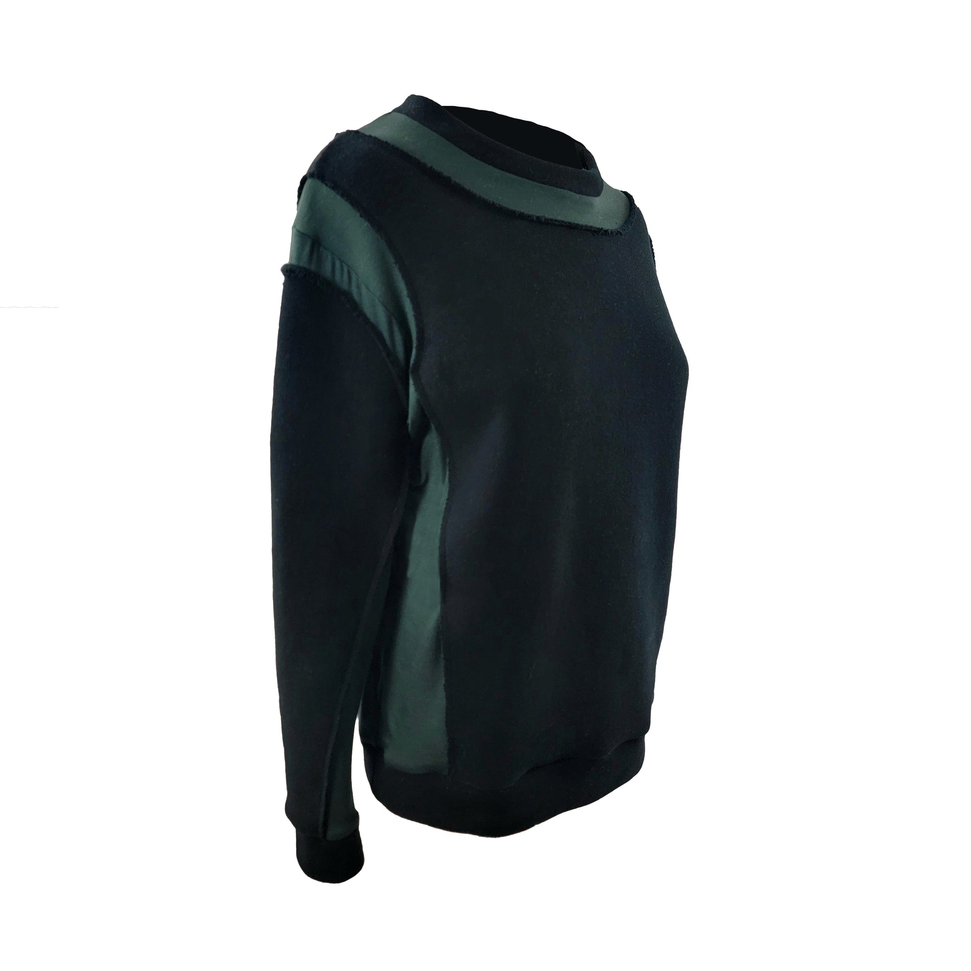 Jersey and Lyocell / cotton sweat shirt with incorporated front seam inset pocket in Black and Bottle Green turned to the right