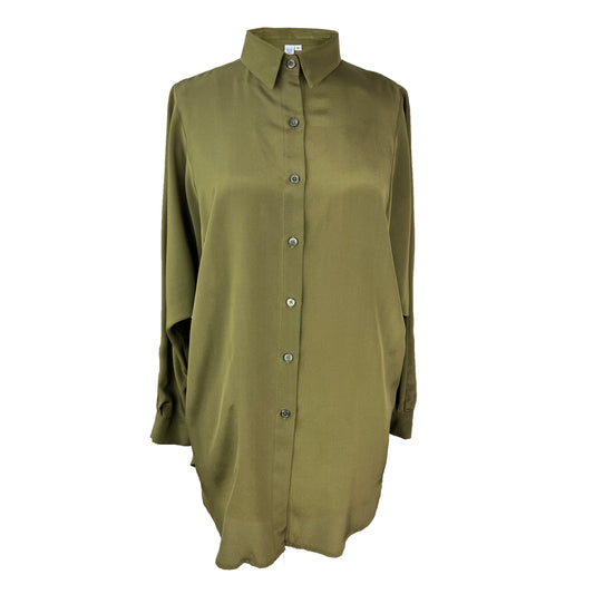 Olive silk shirt with a draped back and deep kimono-style armhole