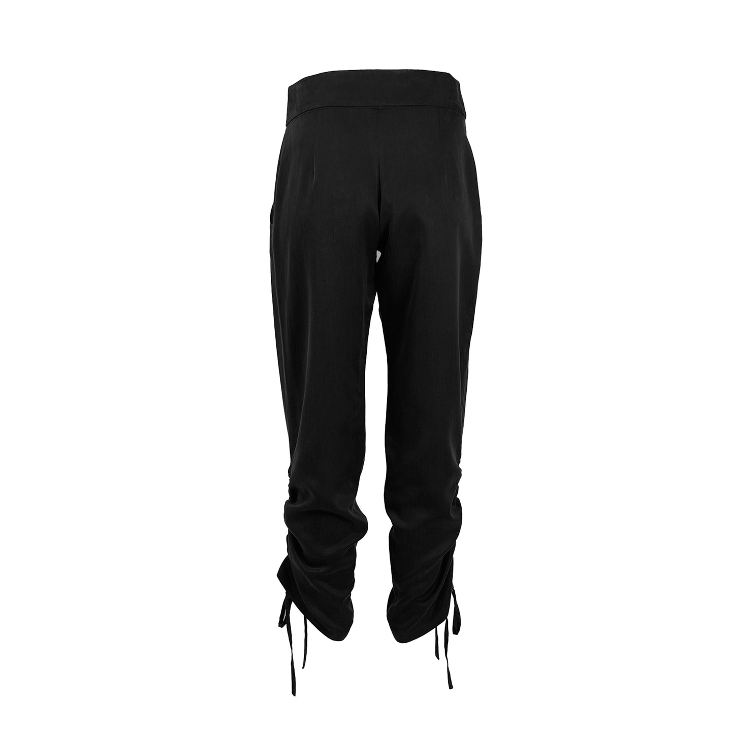 Back of pants with contoured waist band and side drawstring detail in Black
