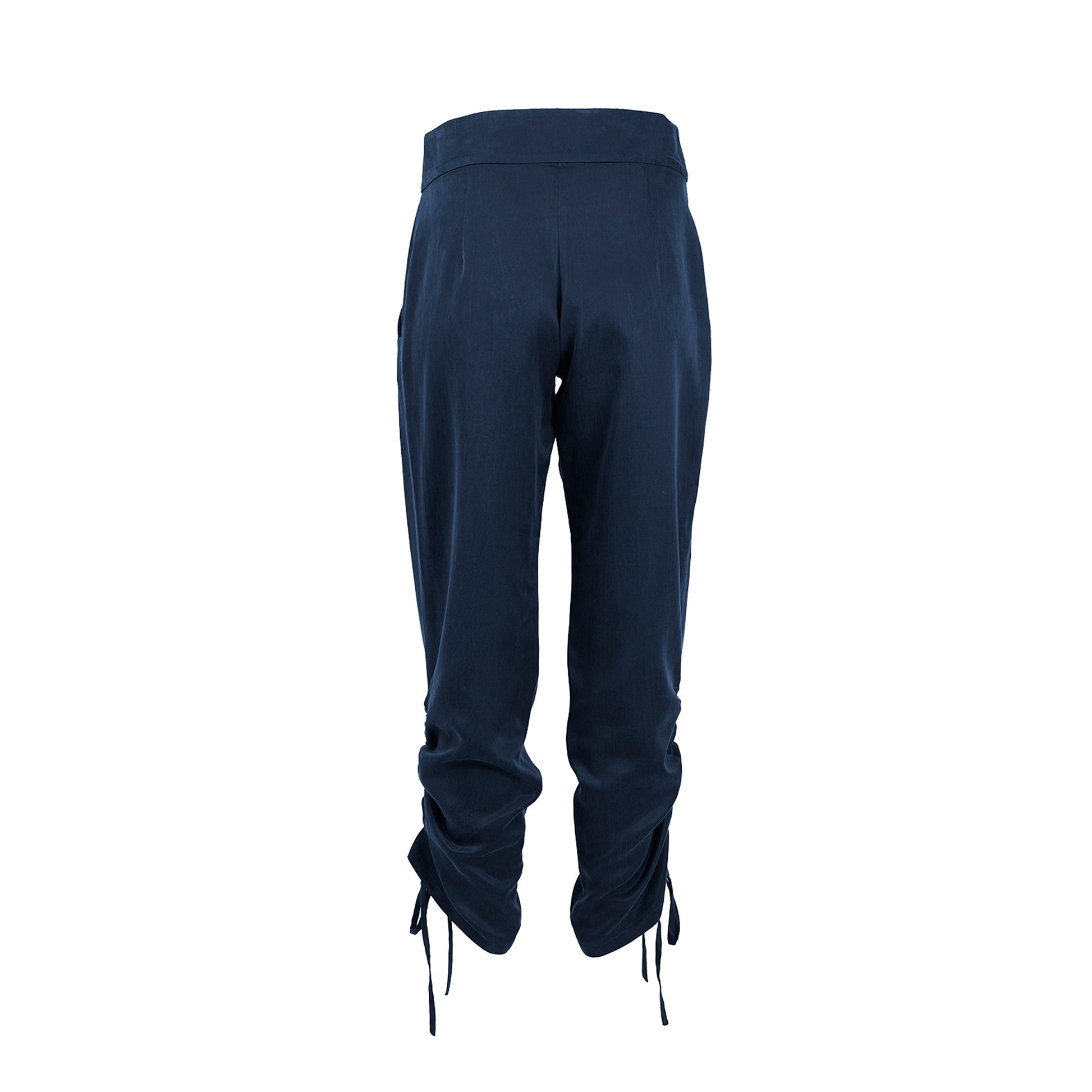 Back of pants with contoured waist band and side drawstring detail in Navy