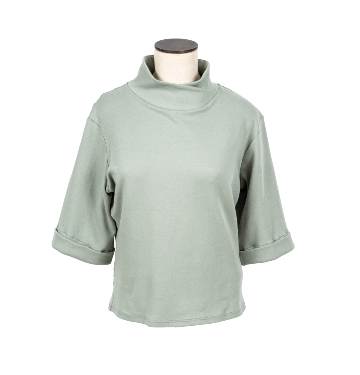 Sage sweater with short sleeves and fold over collar