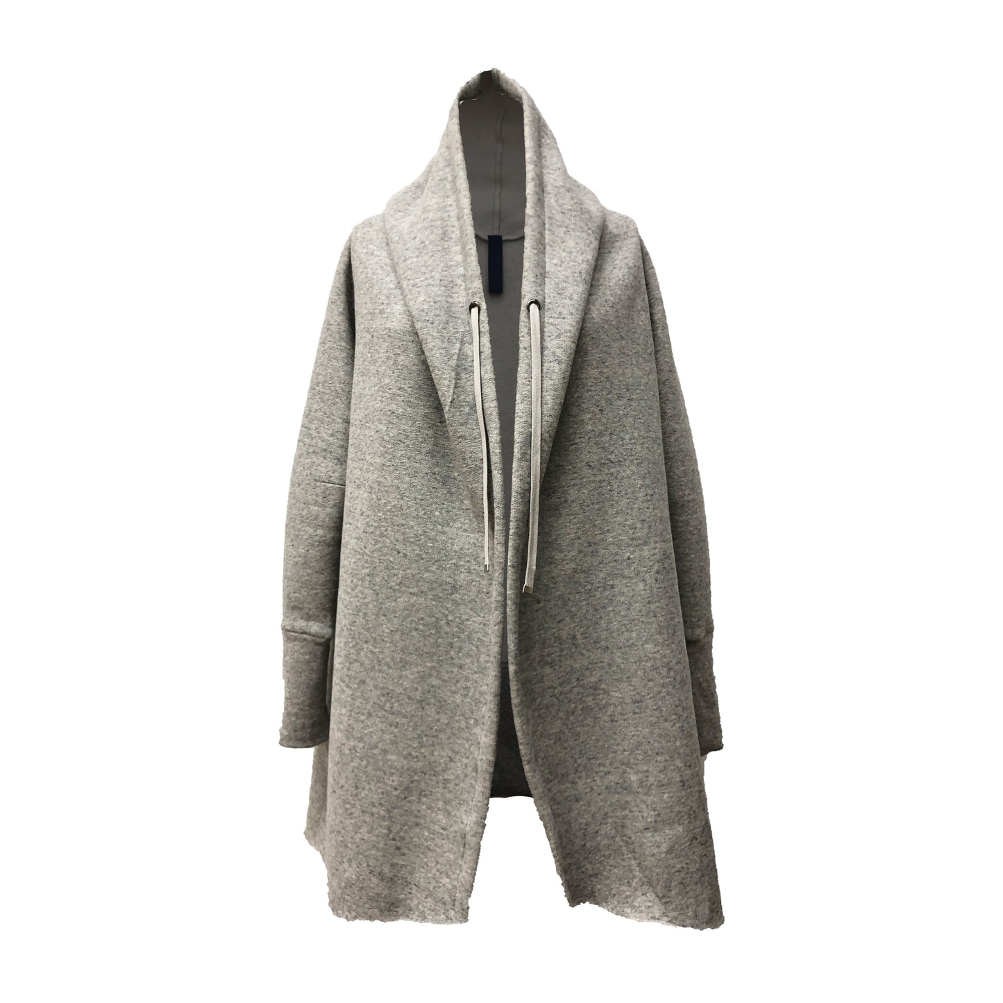 Loose gray cardigan with adjustable shawl collar and fitted sleeves