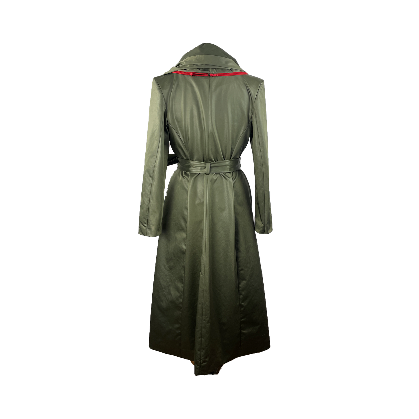 Back of light olive stretch satin coat with transformable zippers and self tie belt and red detailing