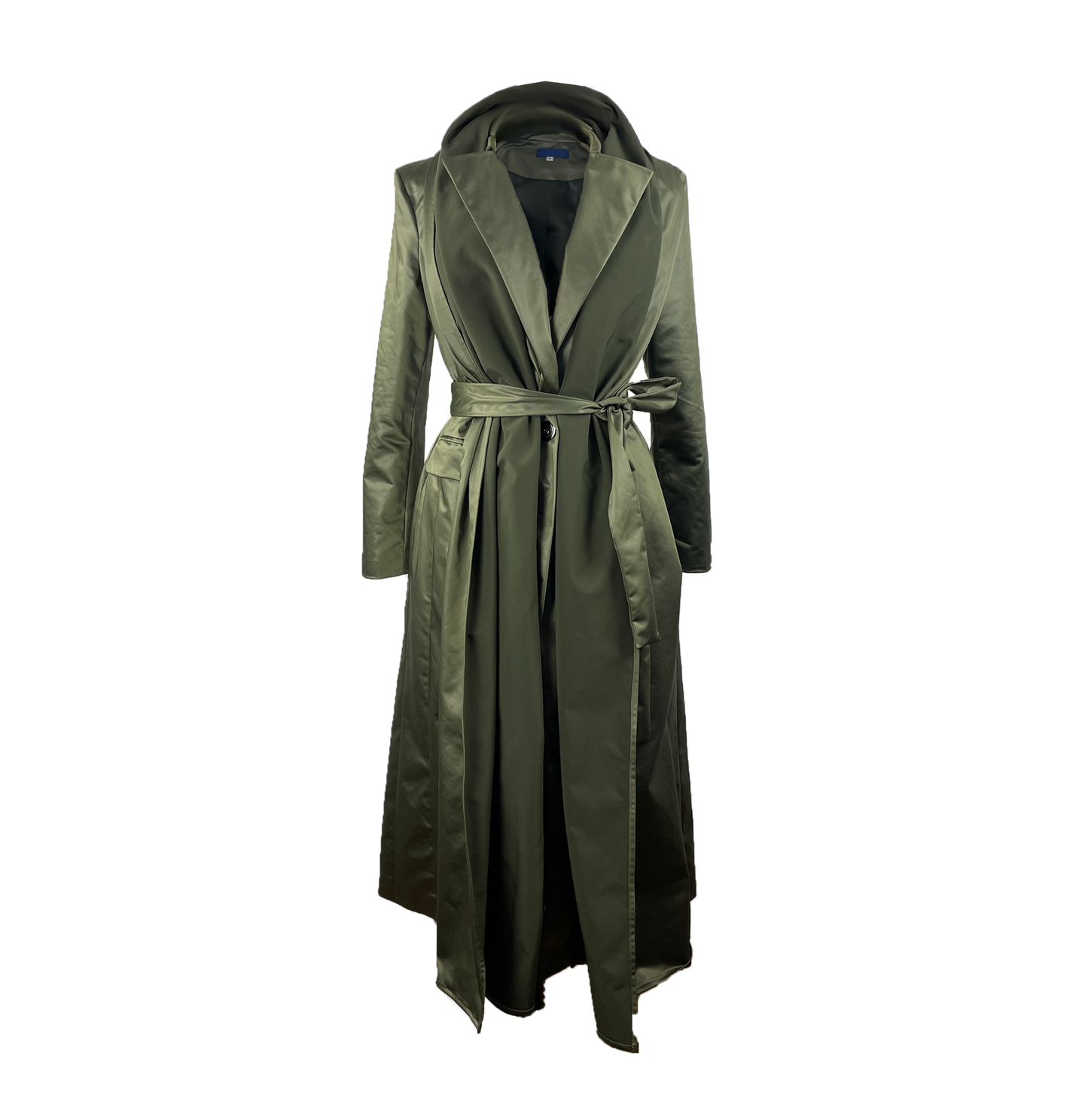 Light Olive stretch satin coat with transformable zippers and self tie belt
