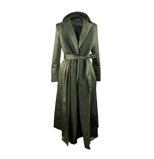 Light Olive stretch satin coat with transformable zippers and self tie belt