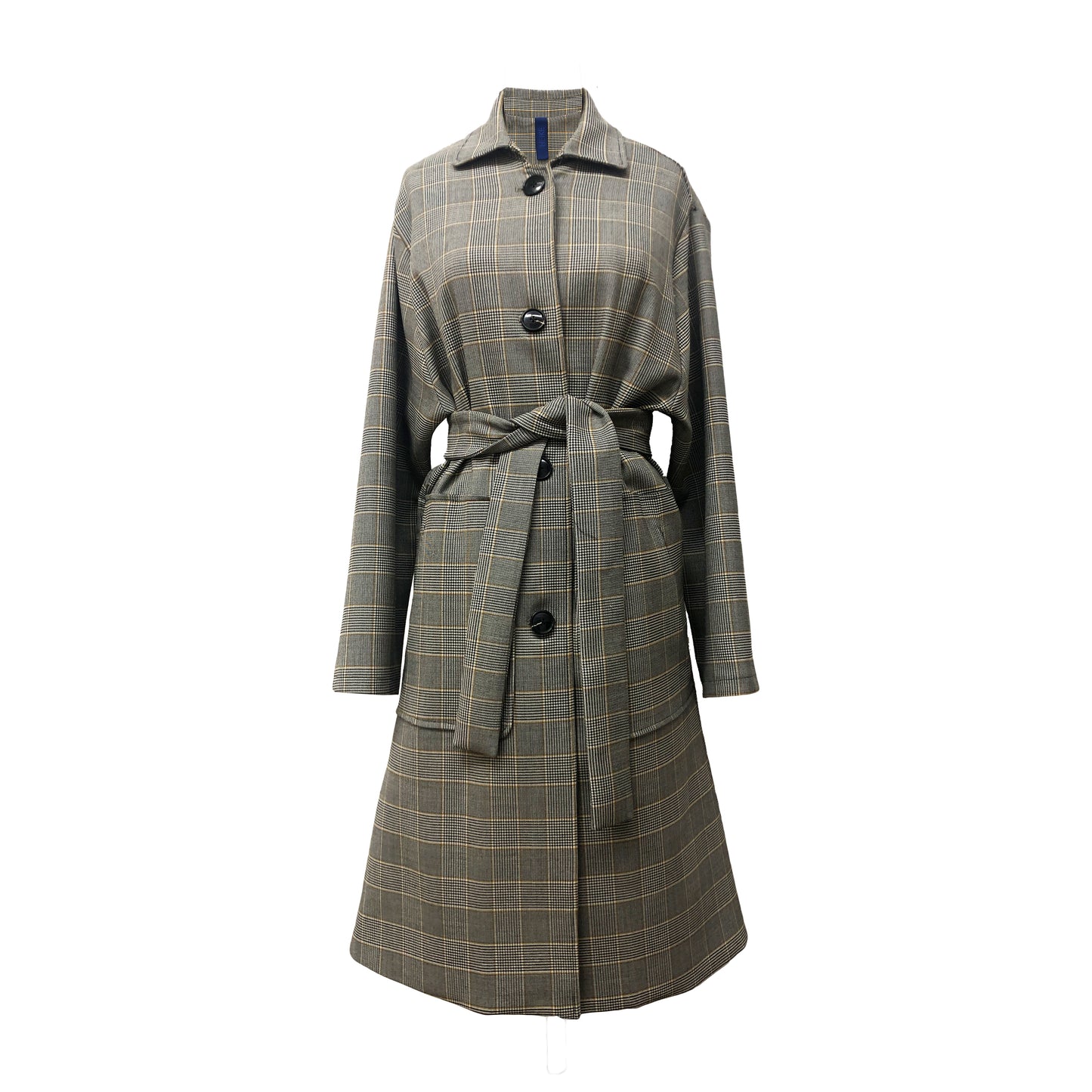 Gray transitional wool checkered trench coat with belt 