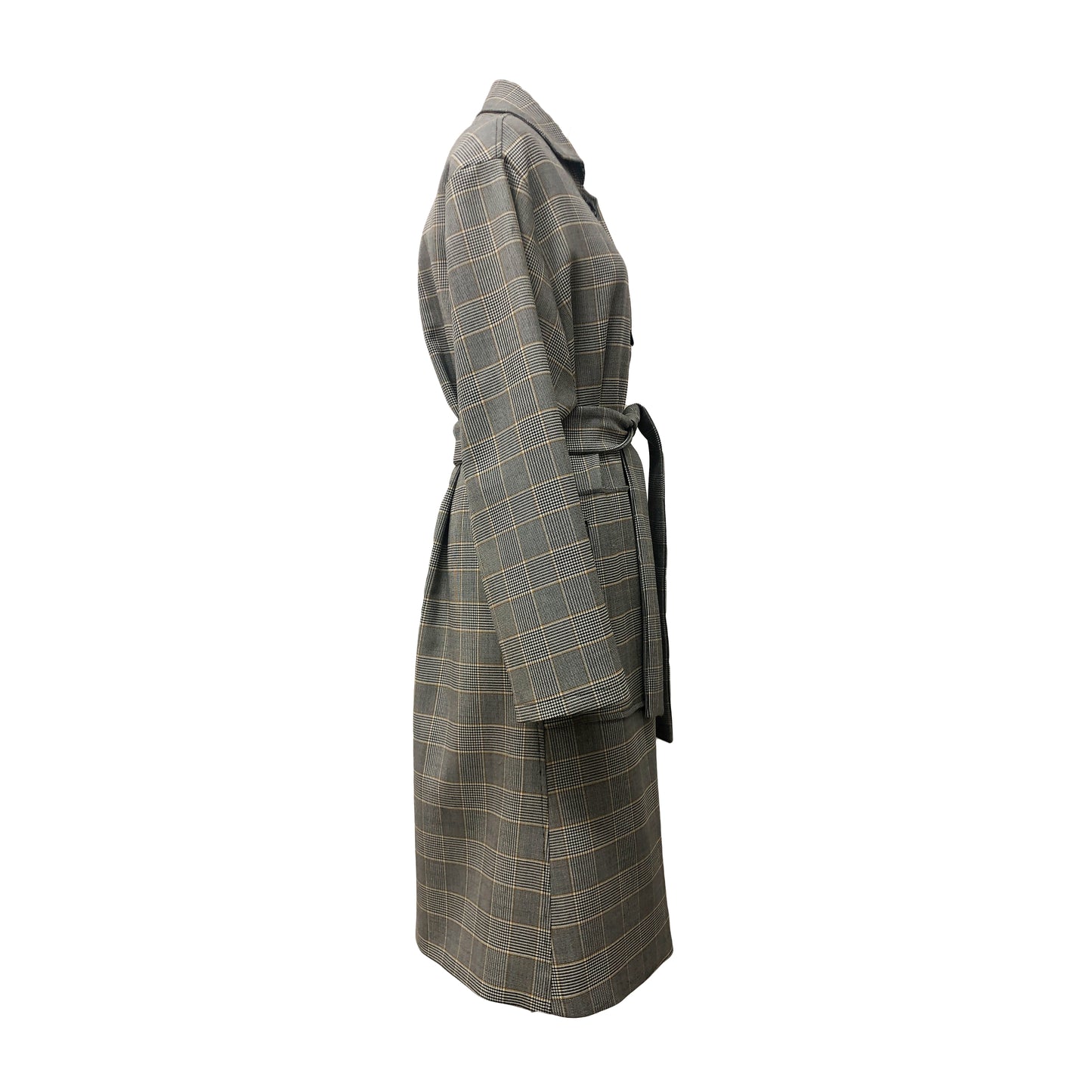 Side of gray transitional wool checkered trench coat with belt