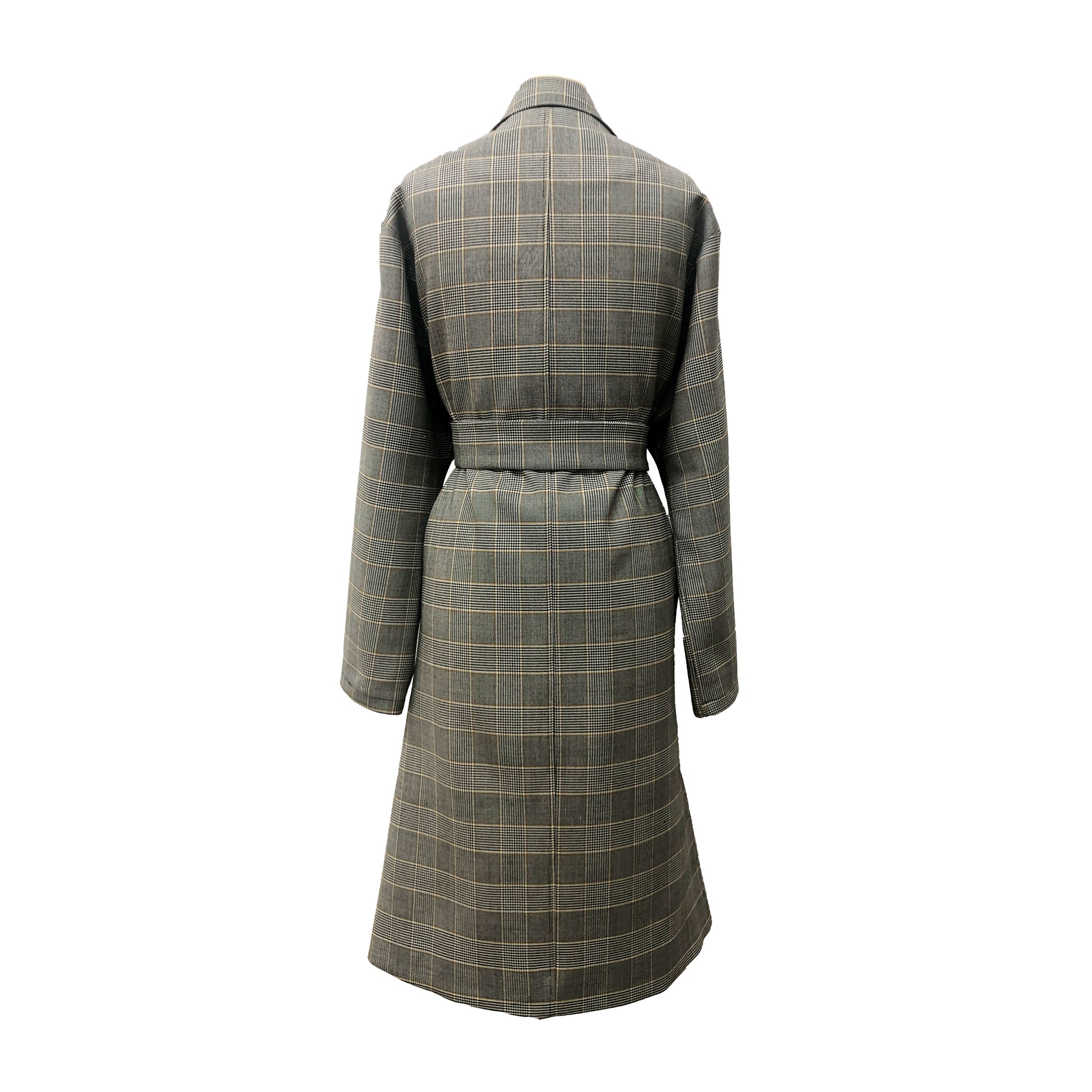 Back of gray transitional wool checkered trench coat with belt