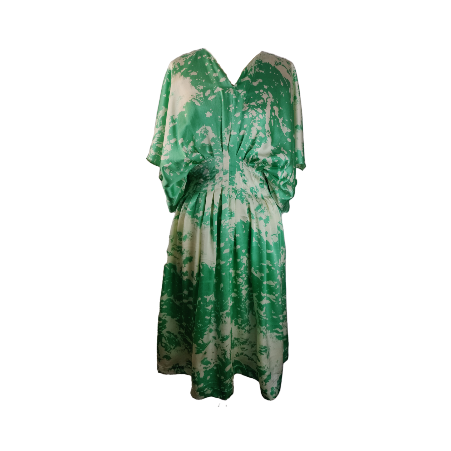 Green and white pattern loose fitted v neck dress with an integrated corset waist