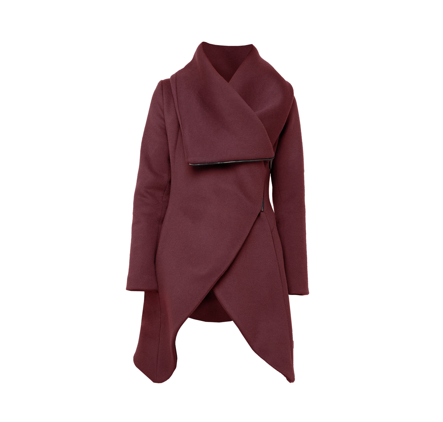 Burgundy sculptural coat with asymmetric closure and hem line, with front zipper