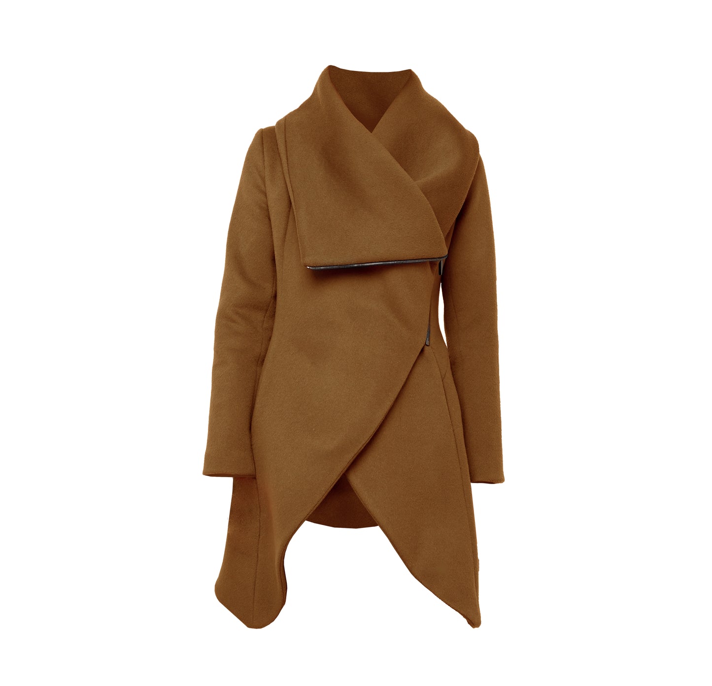 Camel sculptural coat with asymmetric closure and hem line, with front zipper