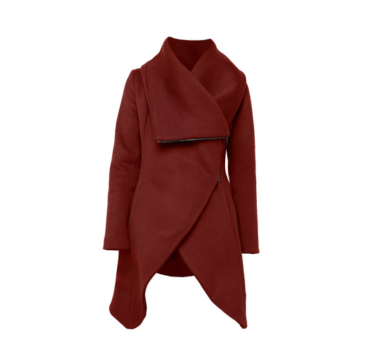 Cinnamon Bark sculptural coat with asymmetric closure and hem line, with front zipper