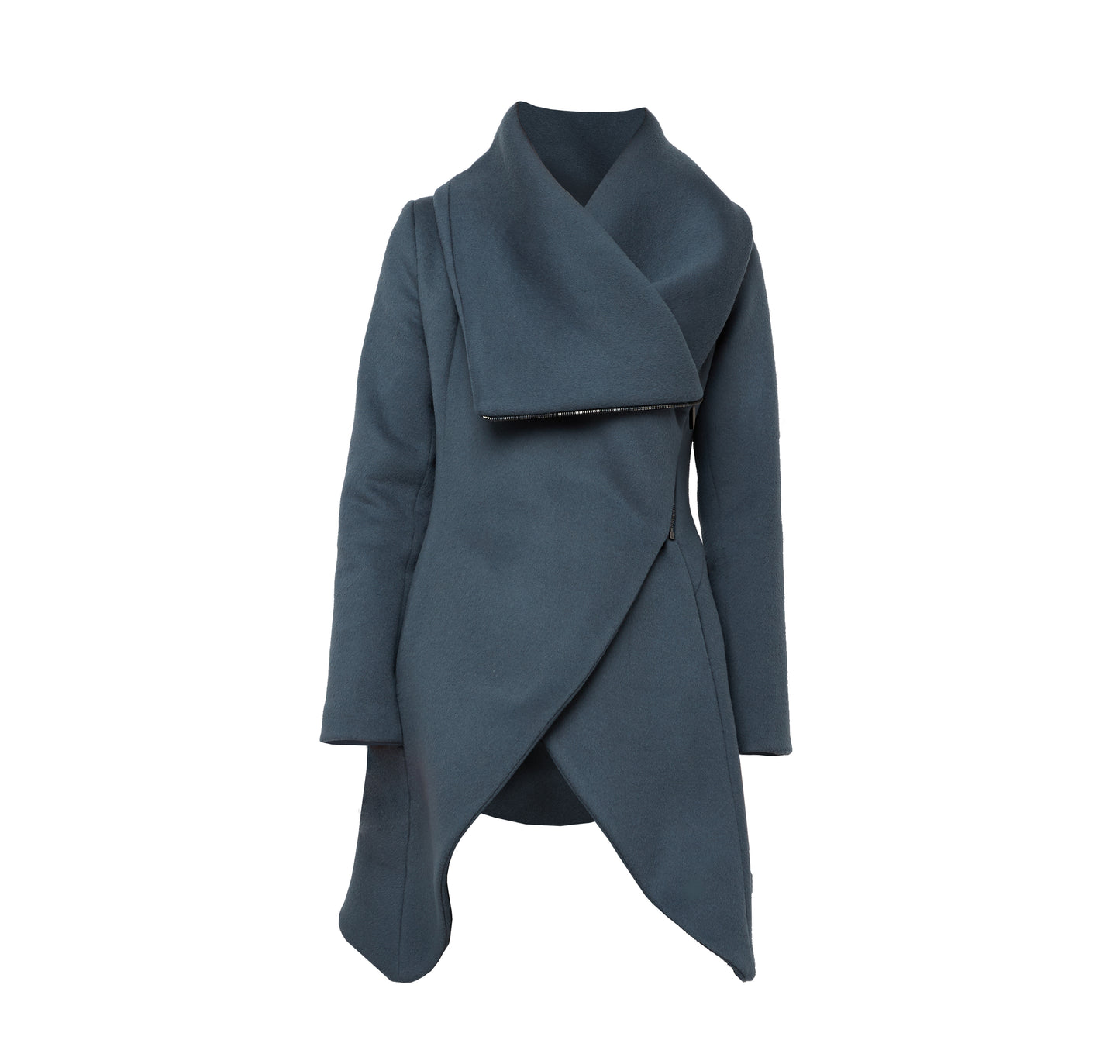 Navy Blue sculptural coat with asymmetric closure and hem line, with front zipper