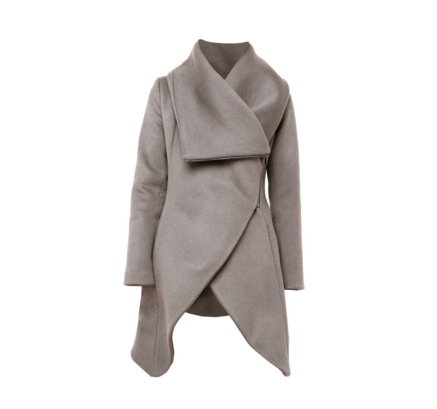 Taupe sculptural coat with asymmetric closure and hem line, with front zipper