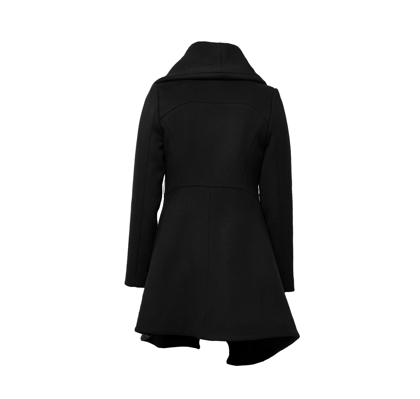 Back of black sculptural coat with asymmetric closure and hem line, with front zipper