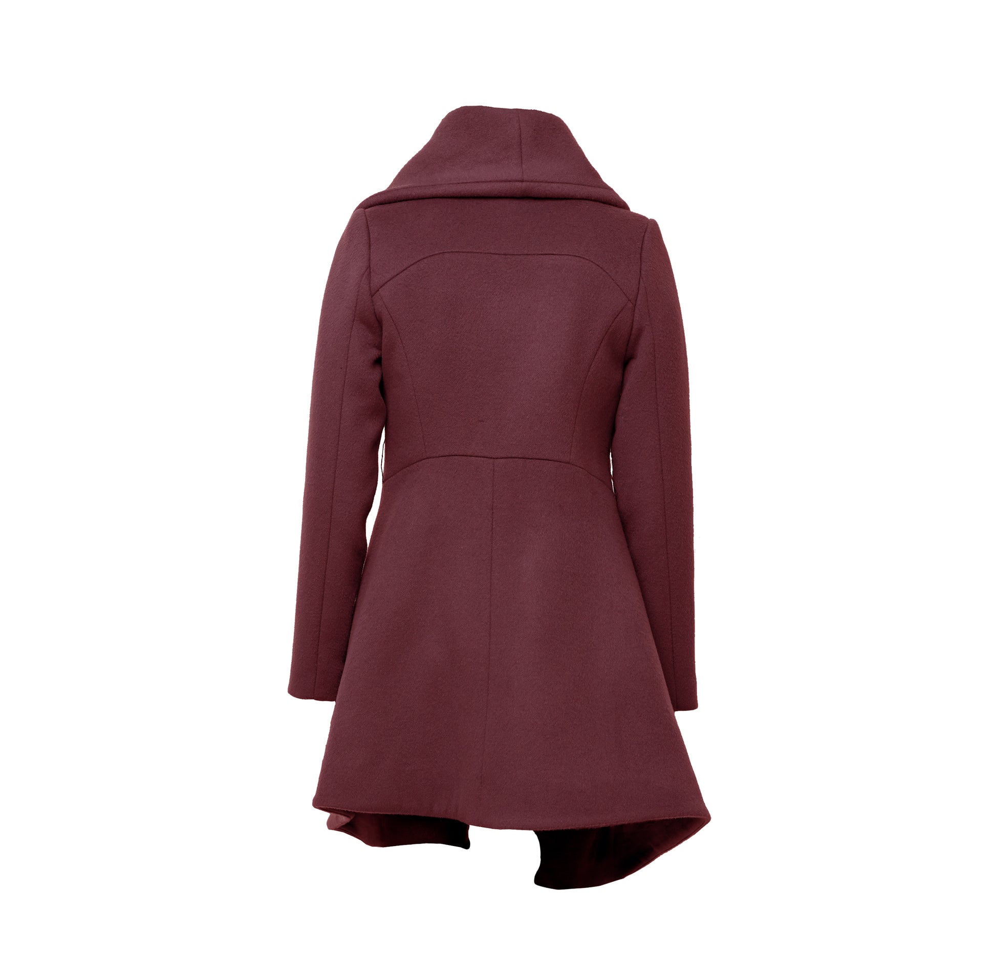 Back of Burgundy sculptural coat with asymmetric closure and hem line, with front zipper