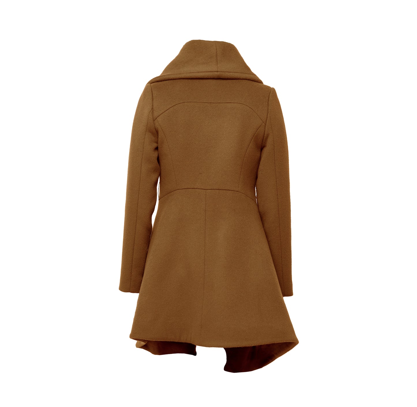 Back of camel sculptural coat with asymmetric closure and hem line, with front zipper