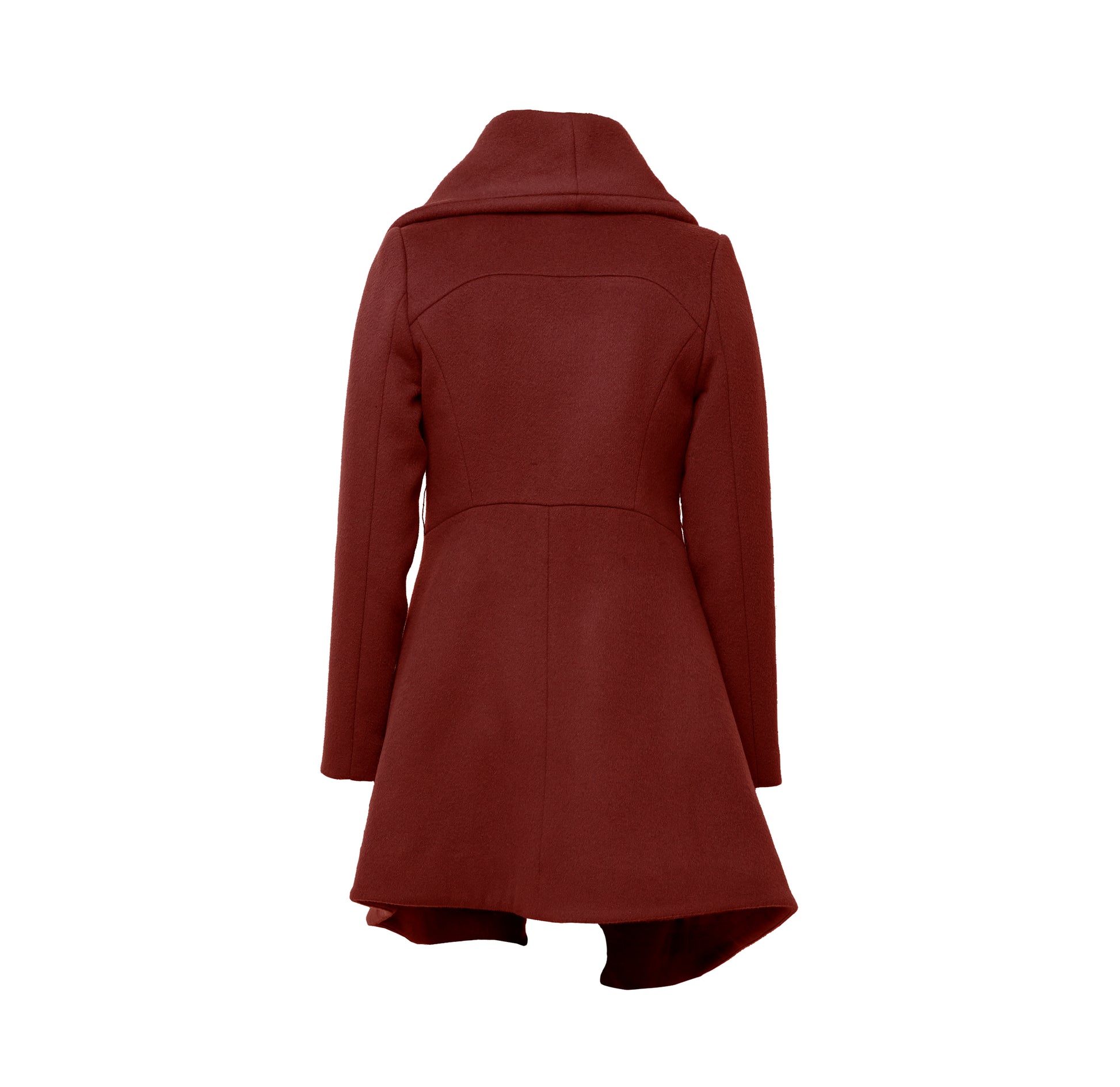 Back of cinnamon Bark sculptural coat with asymmetric closure and hem line, with front zipper