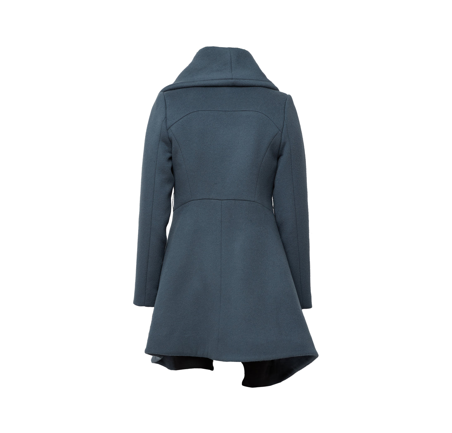 Back of Navy Blue sculptural coat with asymmetric closure and hem line, with front zipper