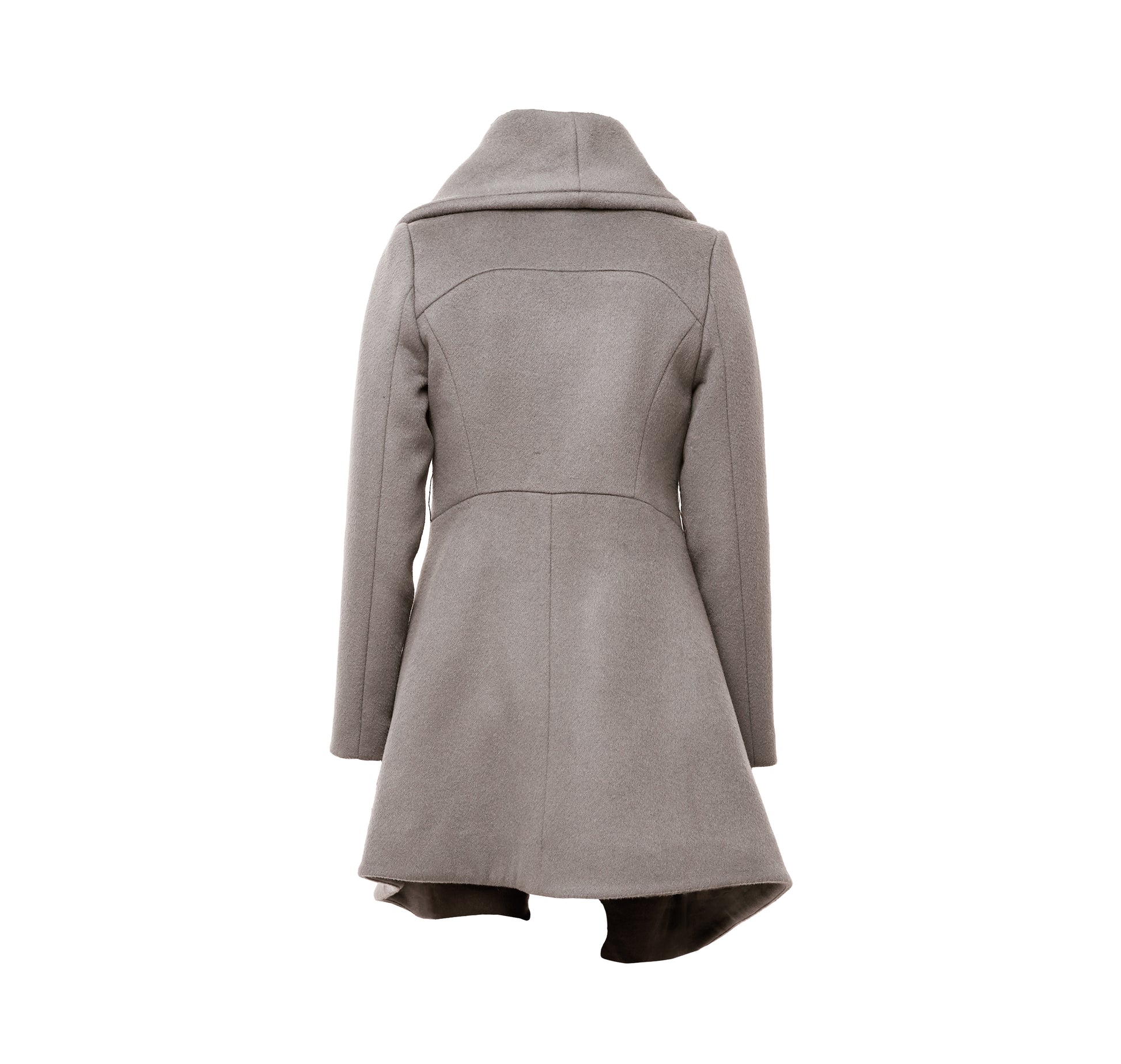 Back of taupe sculptural coat with asymmetric closure and hem line, with front zipper