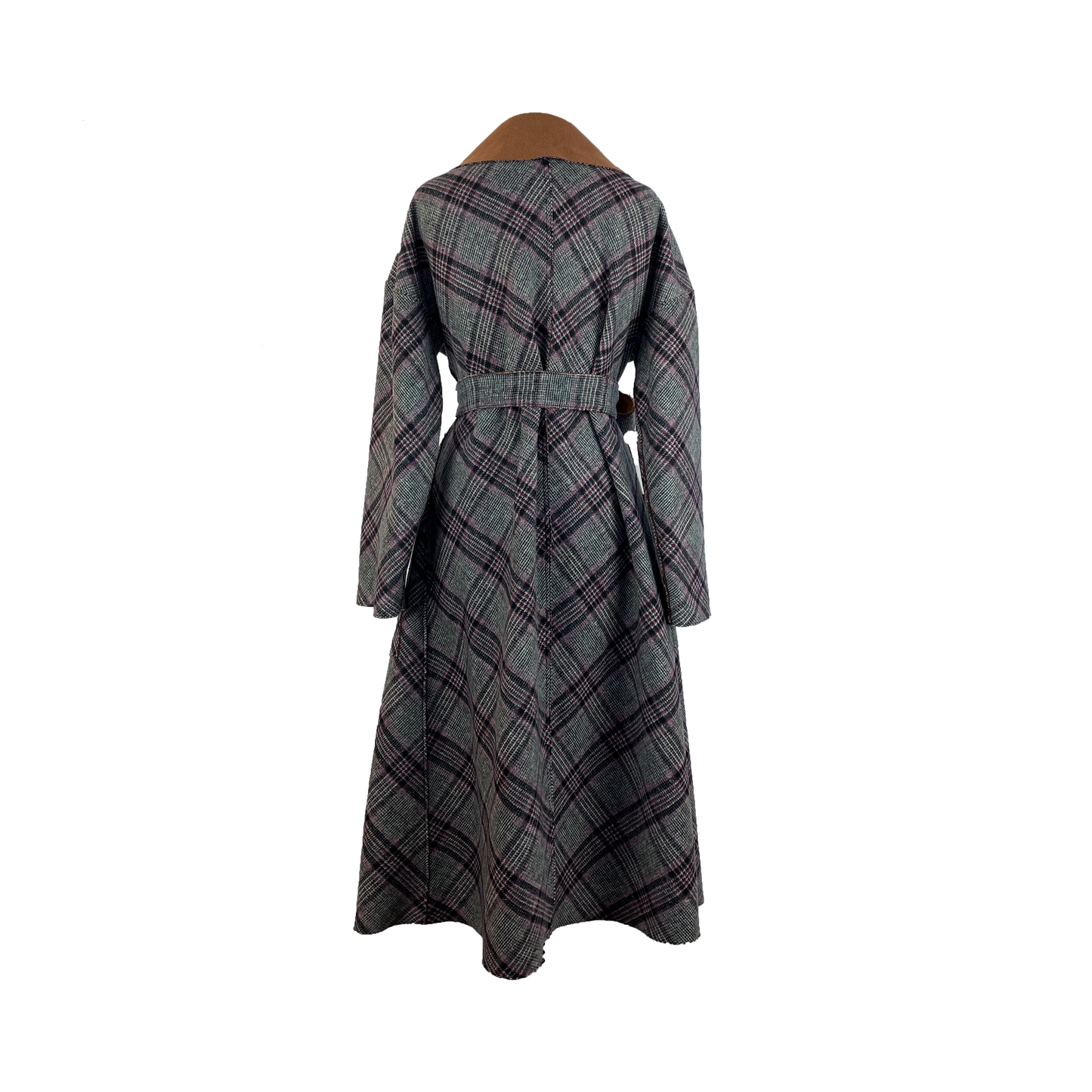 Back of double face coat in plaid and pecan brown with self tie belt and large pockets