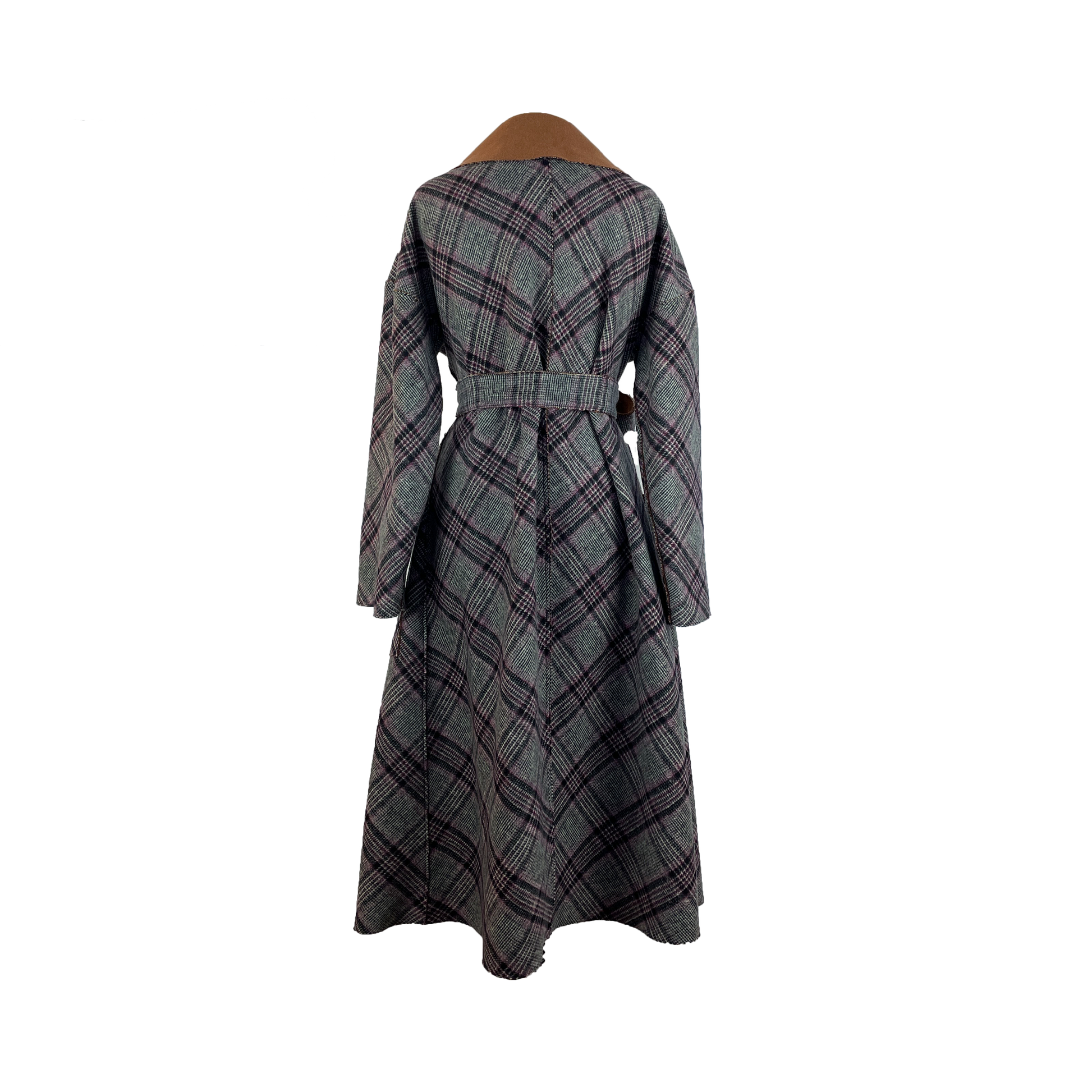 Back of double face coat in plaid and pecan brown with self tie belt and large pockets