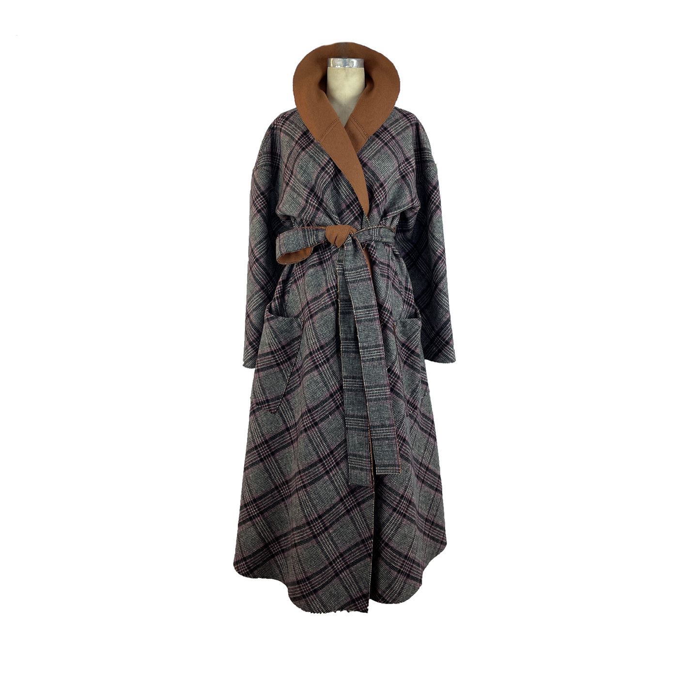 Double face coat in plaid and pecan brown with self tie belt and large pockets