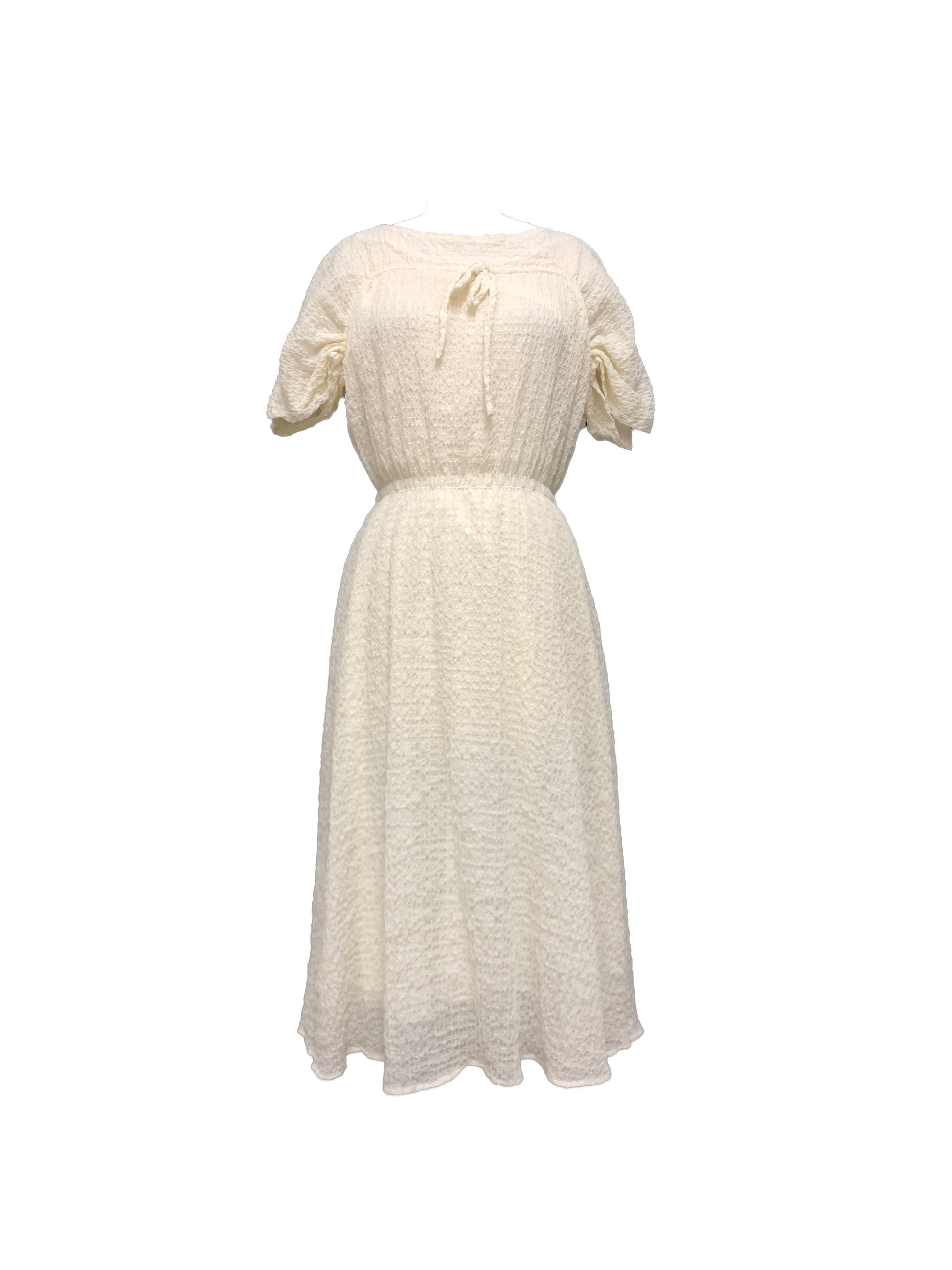 White fringed midi dress with drawstring detail, adjustable sleeves, and gathered waist