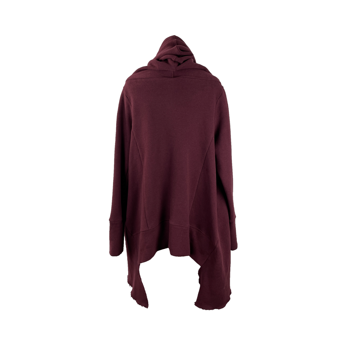 Back of loose burgundy red cardigan with adjustable shawl collar and fitted sleeves