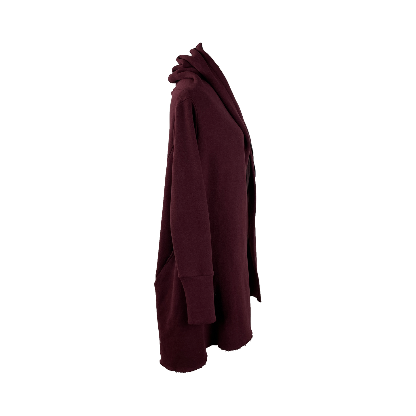 Side of loose burgundy red cardigan with adjustable shawl collar and fitted sleeves