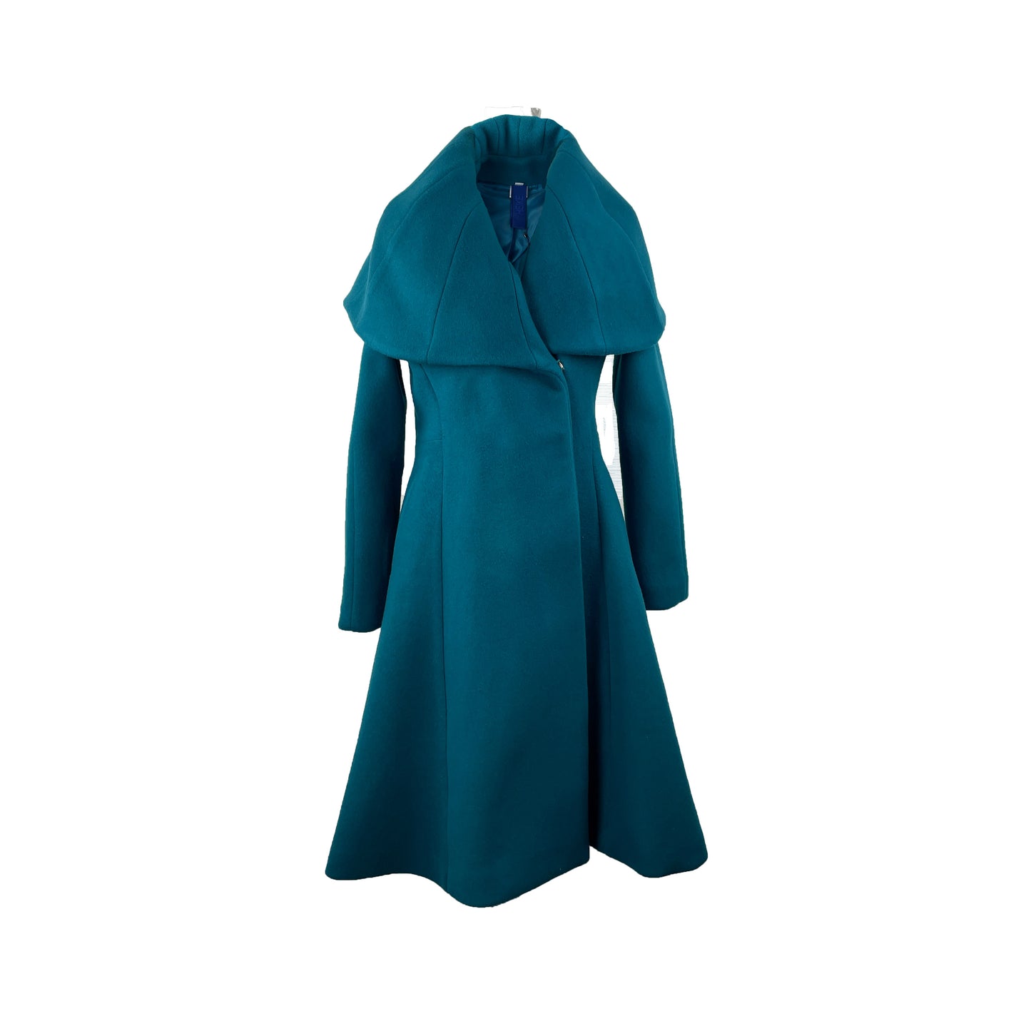 Peacock blue cape collar double breasted coat with vertical stitching