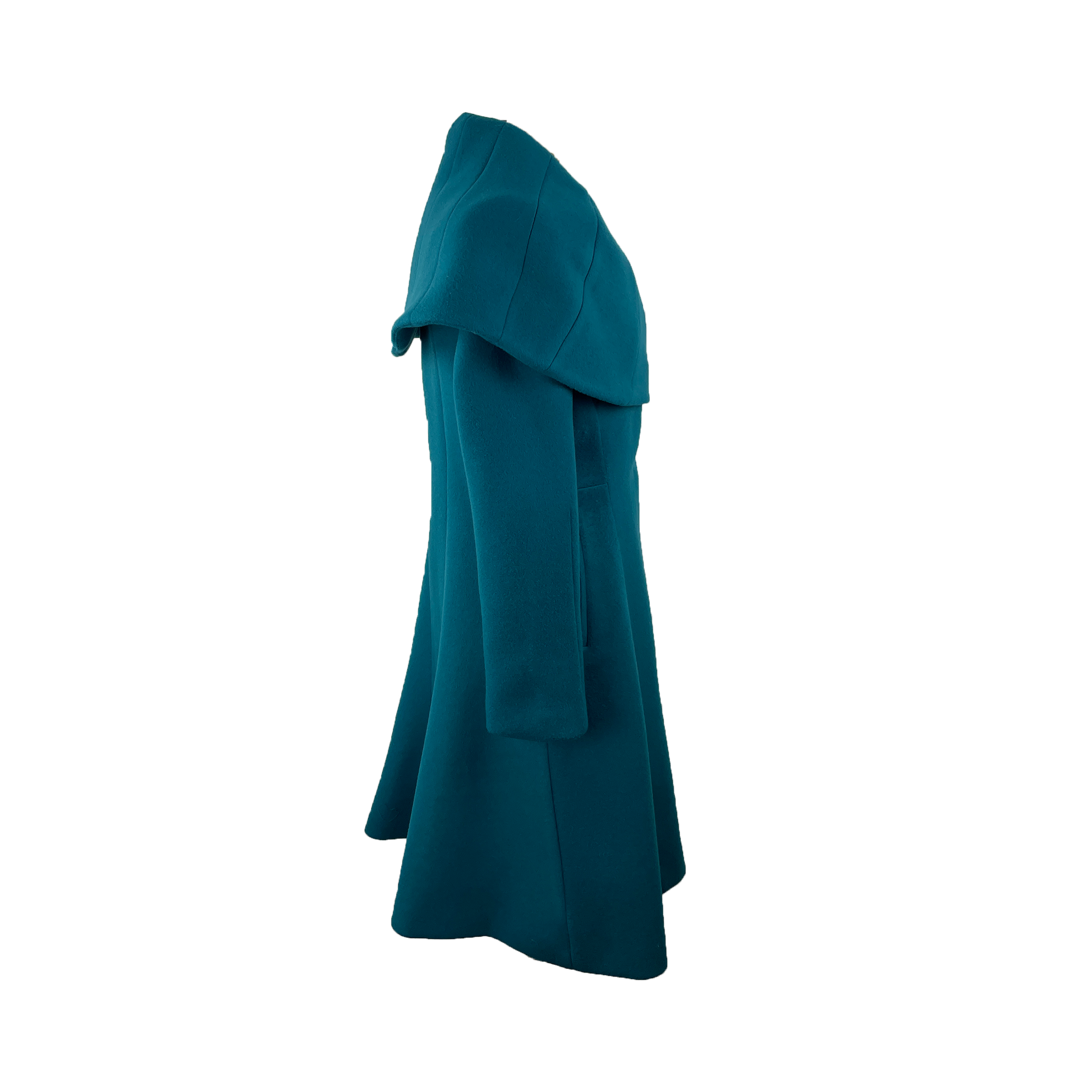 Side of peacock blue cape collar double breasted coat with vertical stitching