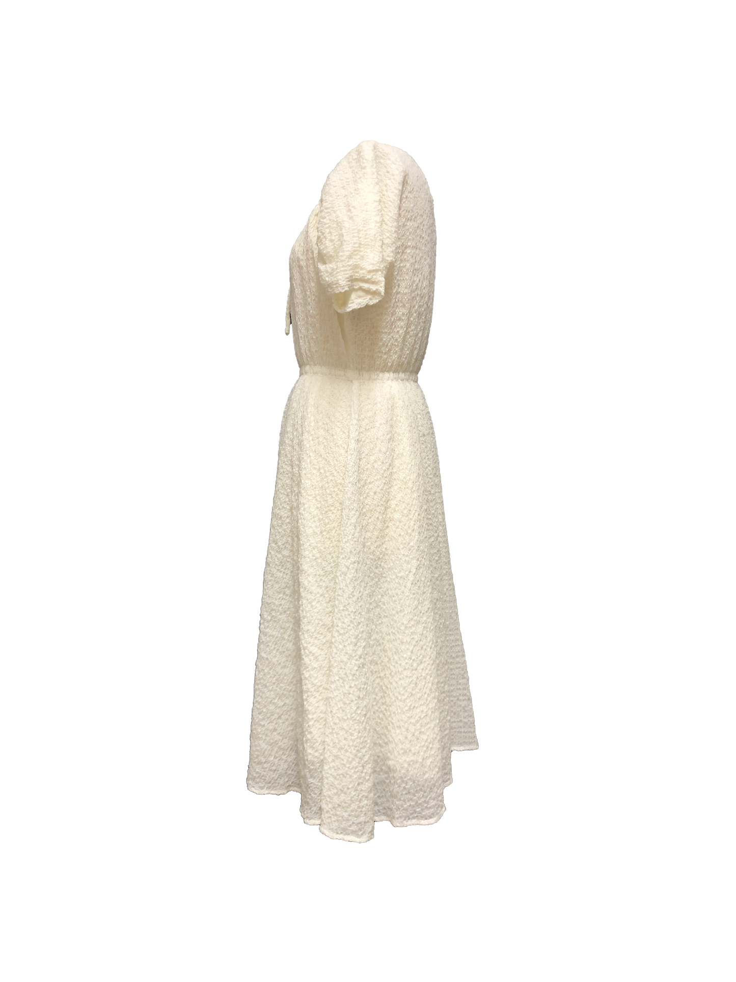 Side of white fringed midi dress with drawstring detail, adjustable sleeves, and gathered waist